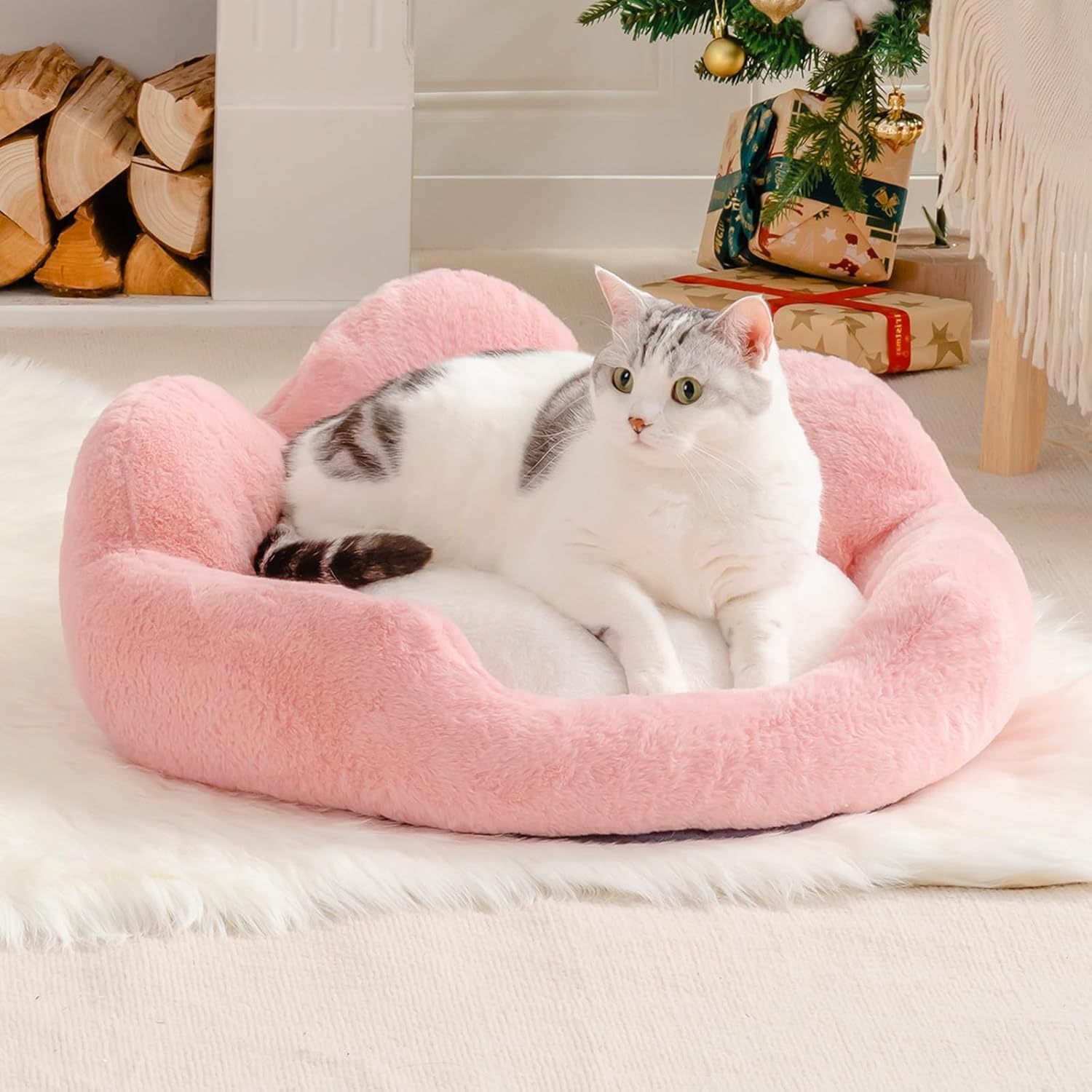 cat couch bed 23″ washable round pet sofa with non slip bottom pink