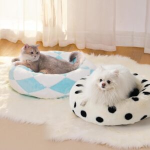 mewoofun donut cat bed 23 inch round calming plush pet bed blue jacquard fabric non slip bottom soft indoor 4