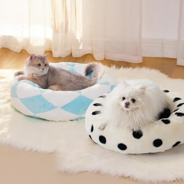 mewoofun donut cat bed 23 inch round calming plush pet bed blue jacquard fabric non slip bottom soft indoor 4