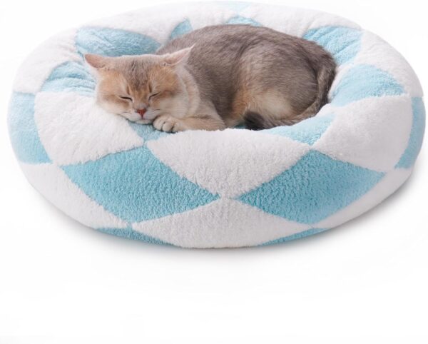 mewoofun donut cat bed 23 inch round calming plush pet bed blue jacquard fabric non slip bottom soft indoor 6