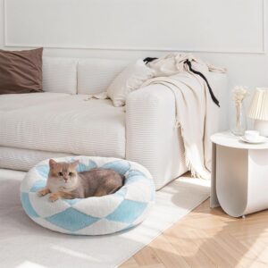 mewoofun donut cat bed 23″ round calming plush pet bed with blue jacquard fabric non slip bottom