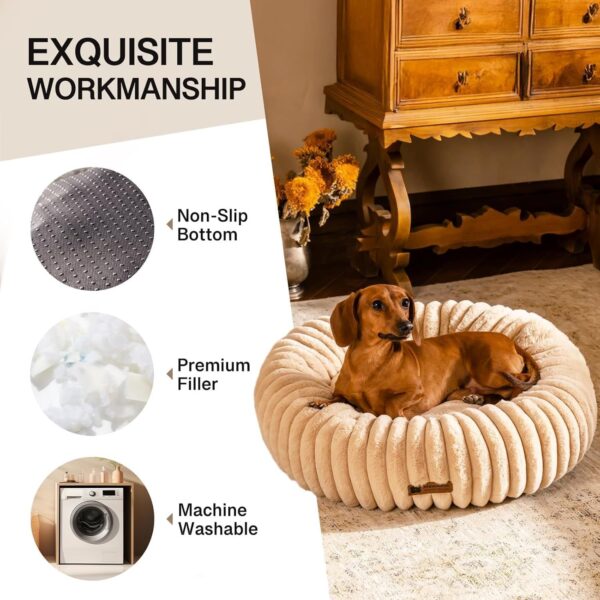 mewoofun donut cat bed fluffy washable round calming pet bed cats small dogs light brown soft 3