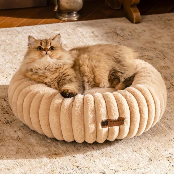 mewoofun donut cat bed fluffy washable round calming pet bed for cats small dogs light brown