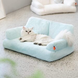 plush cat bed washable indoor pet couch with non slip bottom 26″x19″x13″ blue