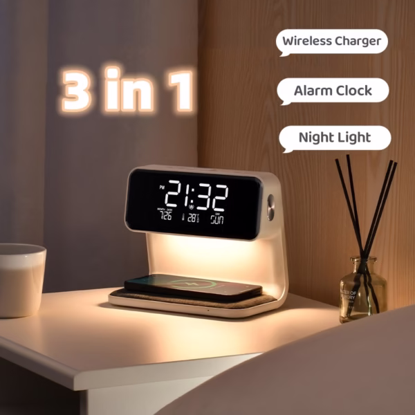 3 in 1 bedside lamp wireless charger lcd alarm clock